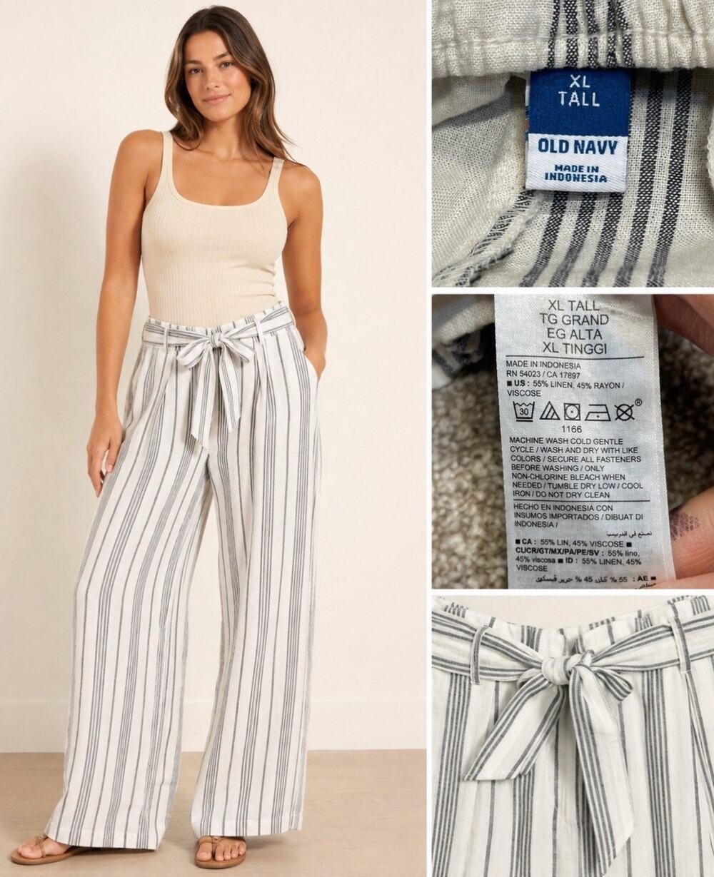 NWT Coastal Old Navy Linen Wide Leg Belted Pants Size XL Tall White Gray Stripe